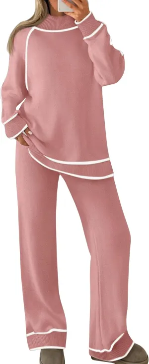 ZESICA Women's Two Piece Outfits Sweater Sets Long Sleeve Turtleneck Pullover Tops Wide Leg Pants Lounge Sets